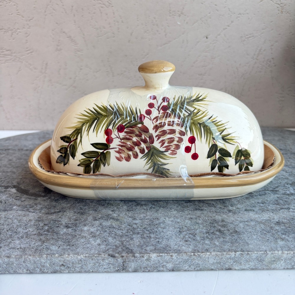 Home Christmas Pine Cone Holly Berry Ceramic Covered Butter Dish New